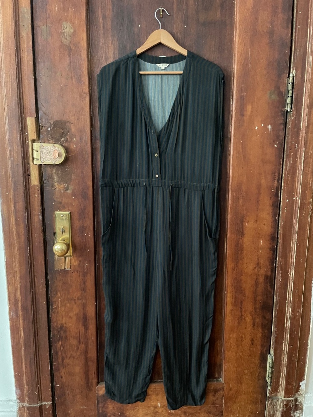 Ali Golden Striped Rayon Jumpsuit V-Neck Drawstring Waist Olive Navy Size S